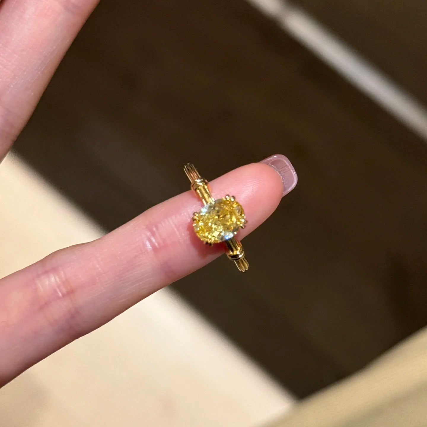 Fashion Knot Design Brilliant Ice Flower Cut Pigeon Egg Yellow Diamond Ring, Ins Style Exquisite Luxury Adjustable Open Ring For Women