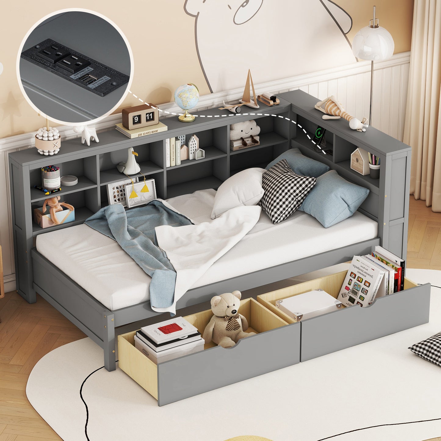 Wooden Twin Size DayBed With 2 Drawers, DayBed With Storage Shelf And USB Charging Ports,Grey OLD