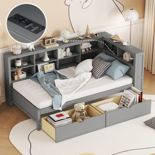 Wooden Twin Size DayBed With 2 Drawers, DayBed With Storage Shelf And USB Charging Ports,Grey OLD