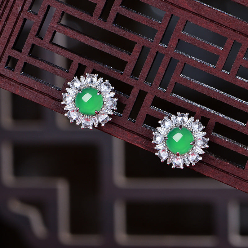 S925 Sterling Silver Flower Stud Earrings, 6mm Round Green Chrysoprase, Platinum Plated 3.2g Elegant Women's Jewelry With Gift Box Set
