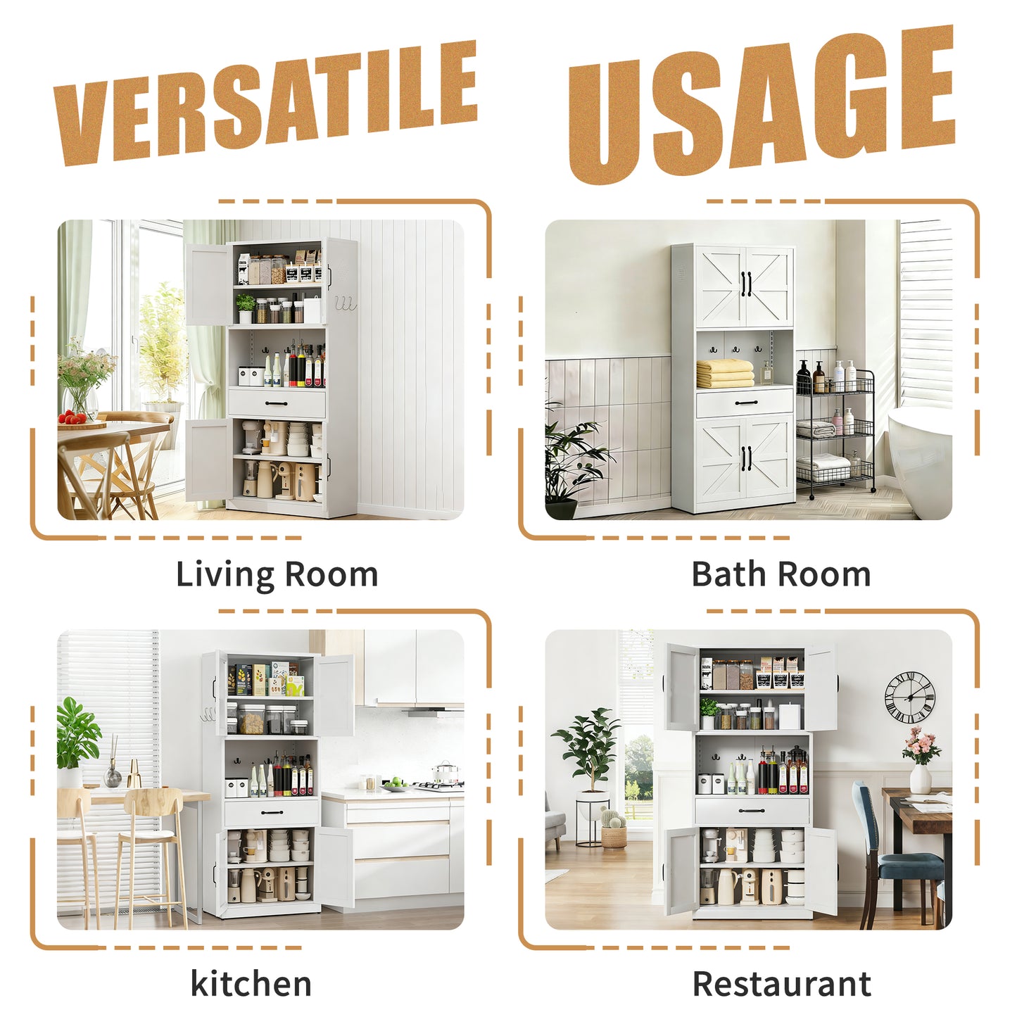 71  High White Steel Kitchen Pantry Storage Cabinet With Large Countertop, Adjustable Shelves, Drawers And Hooks, Heavy-duty Modern Style Cabinet