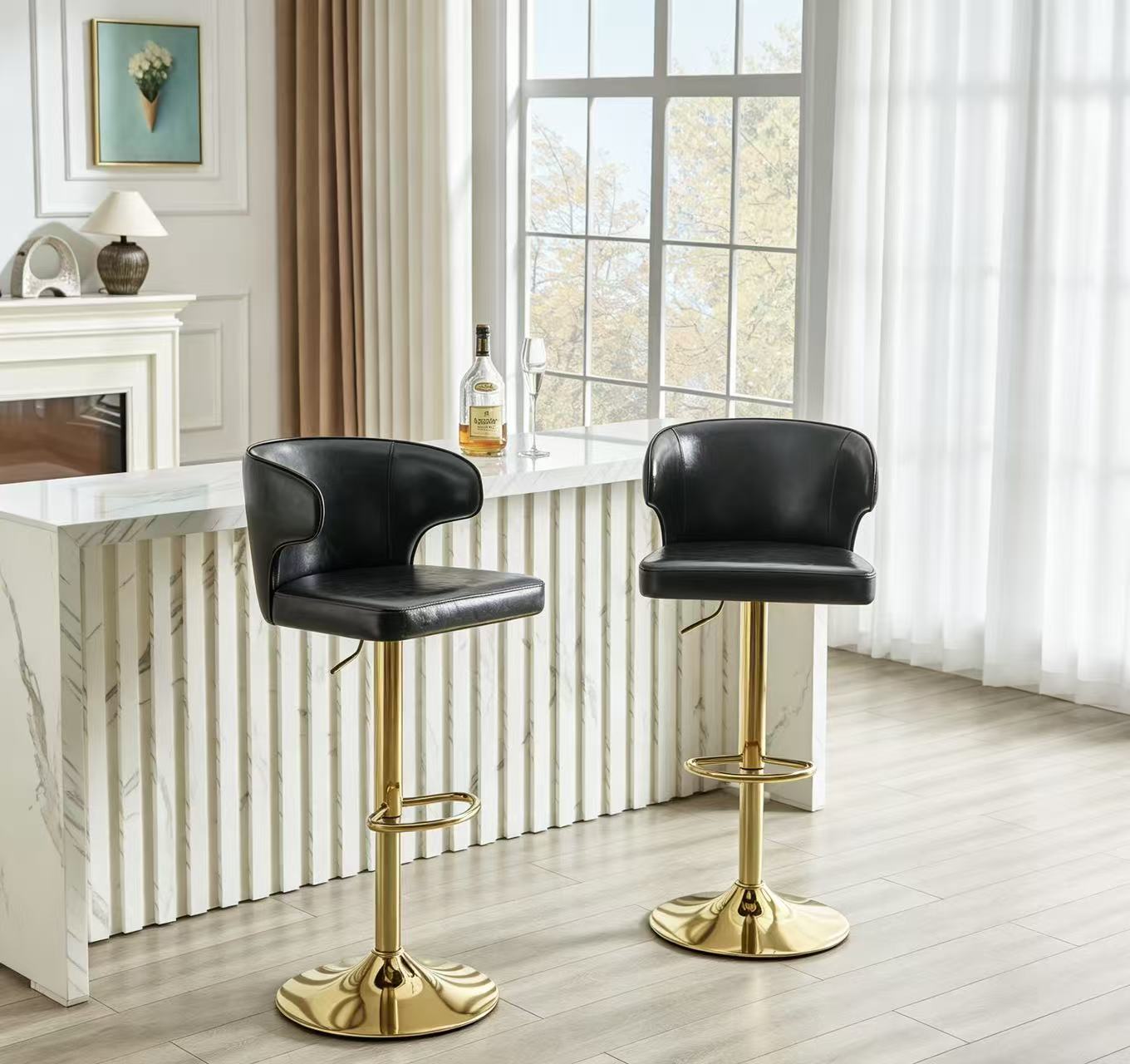 Modern Rotating Adjustable Bar Chair, PU Leather Belt Backrest Swivel Chair, Suitable For Kitchen Bar Counter And Dining Room, Adjustable Height, Capable Of Bearing 300 Pounds  Black -2 Pieces