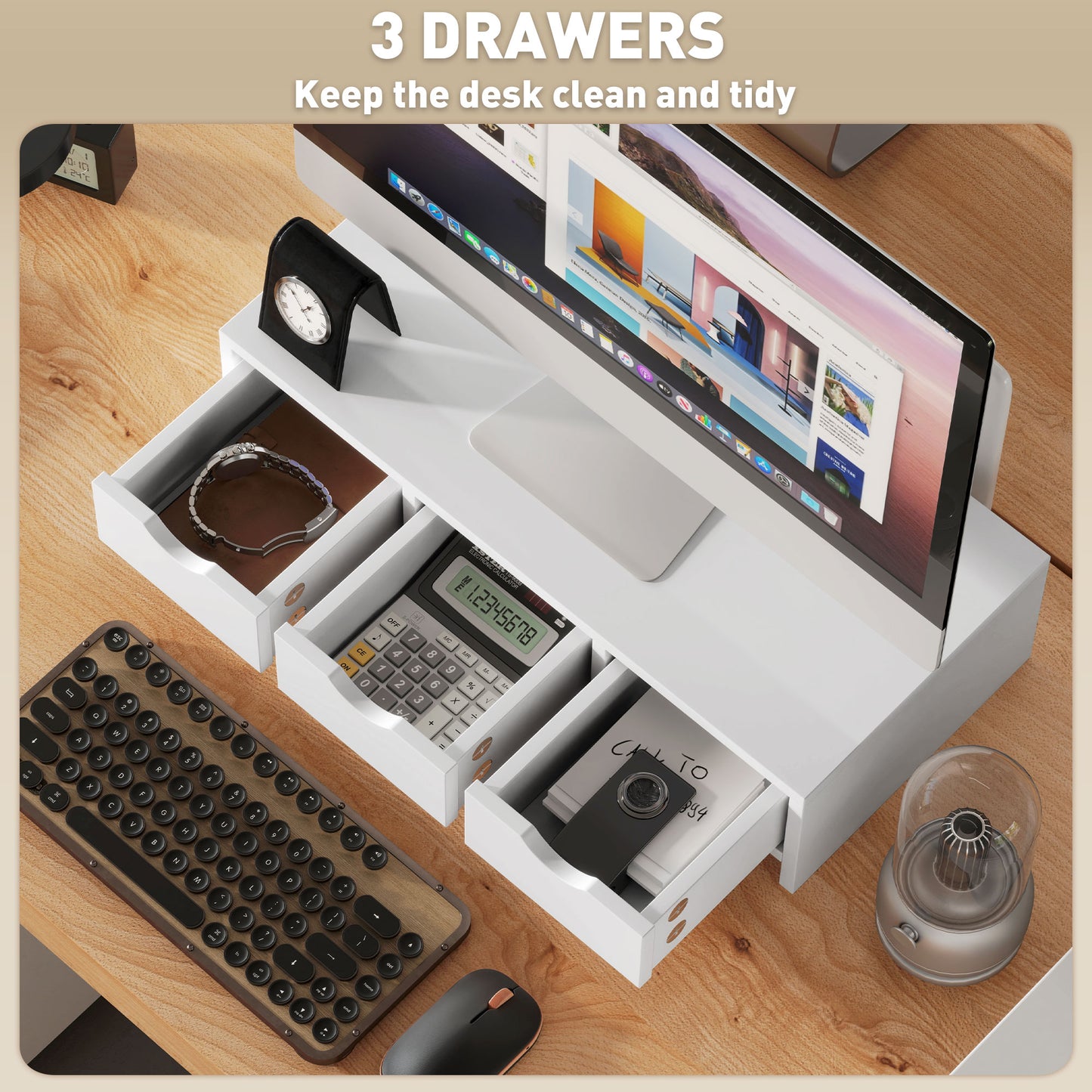 Monitor Stand Riser With 3 Drawers, Monitor Riser For Laptop, Computer, PC, Small Printer, 51 X 24 X 13cm, White