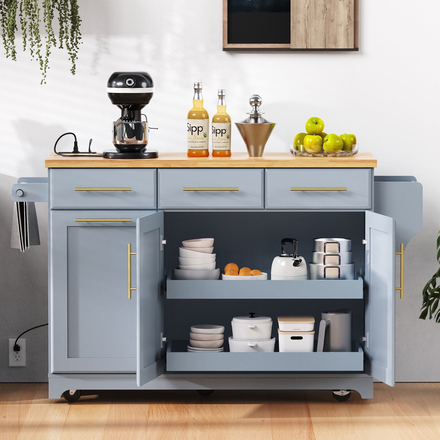 K&K 59.3  Kitchen Island With 2 Pull Out Cabinet Organizers & Rubber Wood Drop Leaf, Rolling Kitchen Island With Trash Can Storage, Power Outlet, Spice & Towel Rack For Kitchen, Dining, Grey Blue