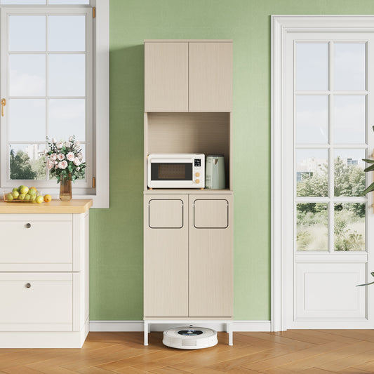 Trash Cabinet, Kitchen Cabinet With Garbage Rack, 181cm Tall Cabinet With Microwave Compartment & Garbage Area, Height-adjustable Storage Space For Vacuum Cleaner, 53x35x181cm