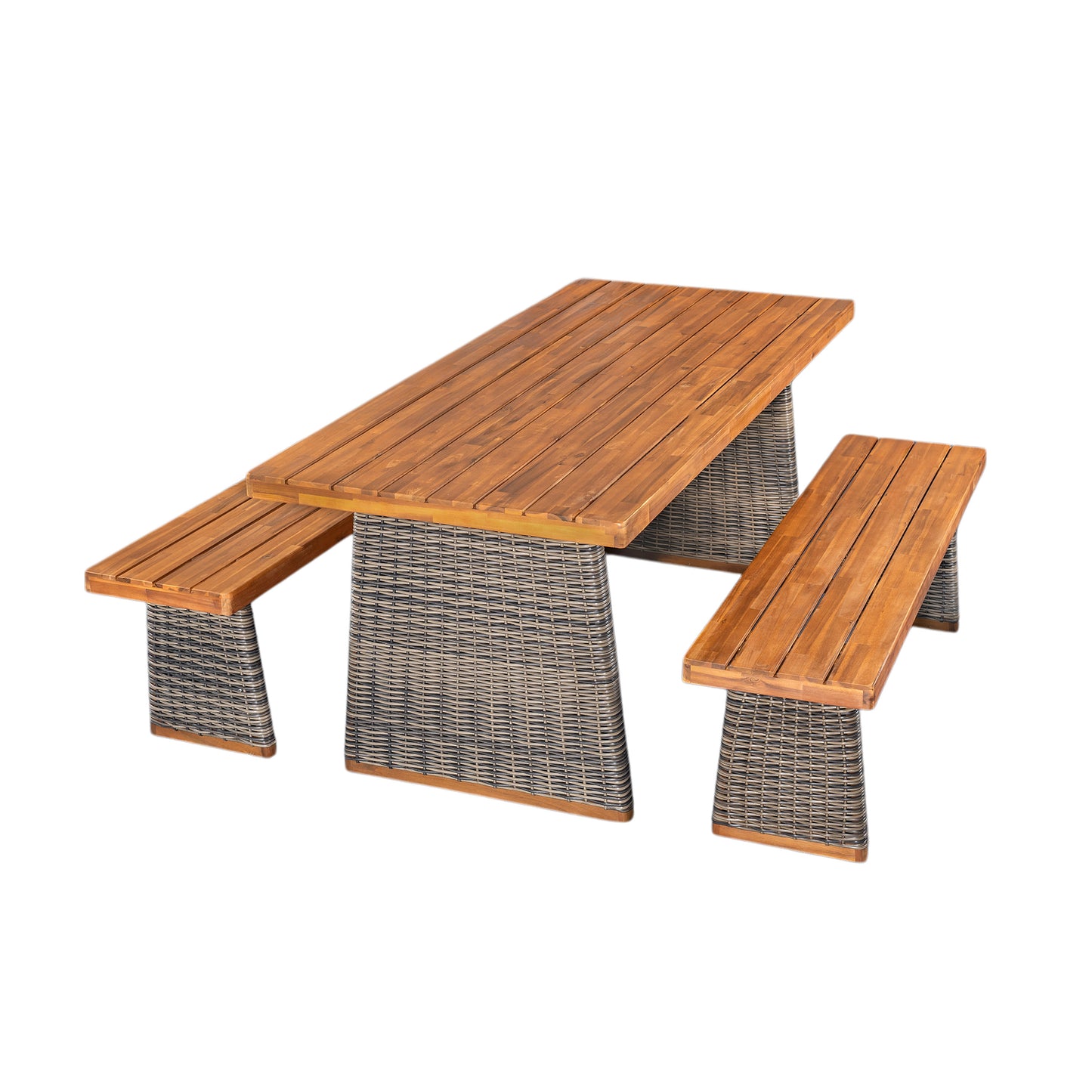 Outdoor 3 Piece Acacia Wood Dining Set With Handwoven Rattan Legs,Grey