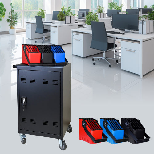 Tablet Laptop 32-bit-Plastic Device Basket Device For Mobile Charging Trolley- Includes Cable Management Dividers, Cable Clips, Storage Compartment, And Removable Doors  Black