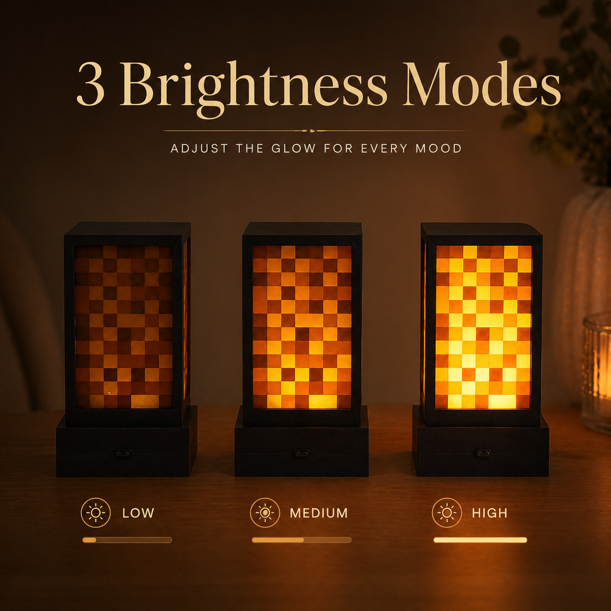 3D Printed Pixel Lamp, Rechargeable Touch Night Light, 3 Brightness Modes, Warm Ambient Desk Lamp, Bedside Decor Gift