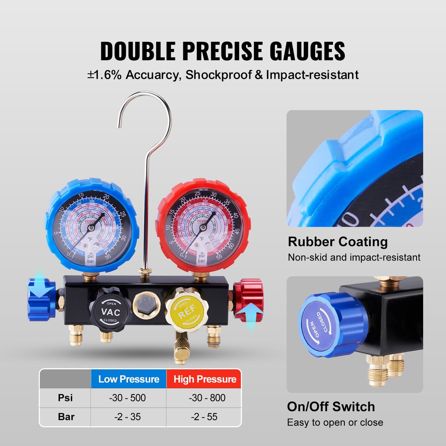 4 Way AC Gauge - AC Manifold Gauge Set For R134A R22 R12 R410A Refrigerant, Freon Gauges With 5ft Hoses, Couplers, Can Tap Works On Car Auto Freon Charging And Evacuation