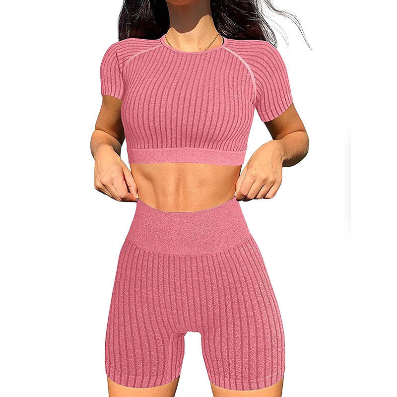 Striped Quick Dry Yoga Clothes Suit Women's Sports Short Sleeve