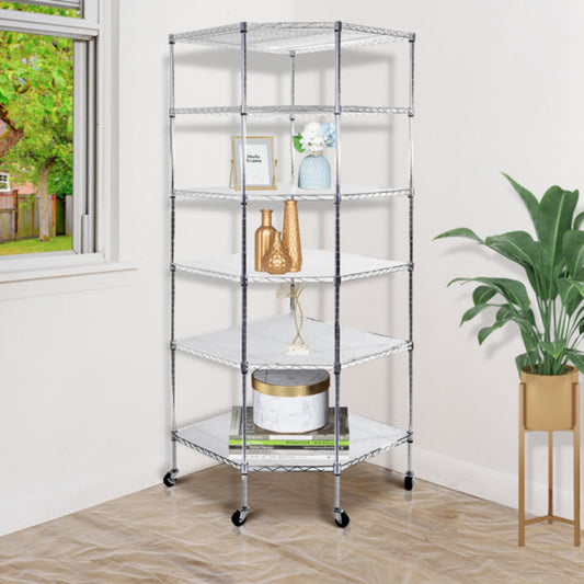 Six-layer Polygonal Home Shelving Unit - Corner Storage Rack 680x680xH1800 - Silver Color