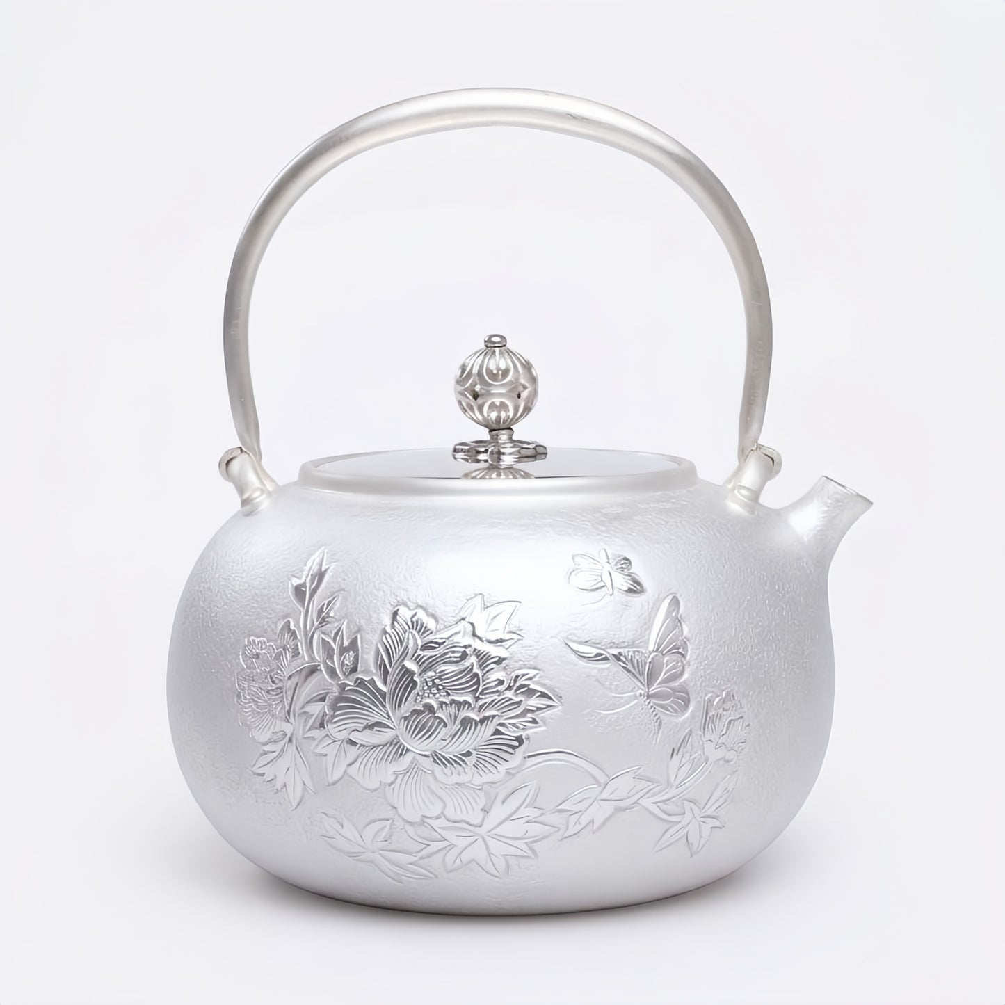 925 Sterling Silver Handcrafted Sterling Silver Tea Kettle Featuring Exquisite Peony and Butterfly Relief - Handicraft