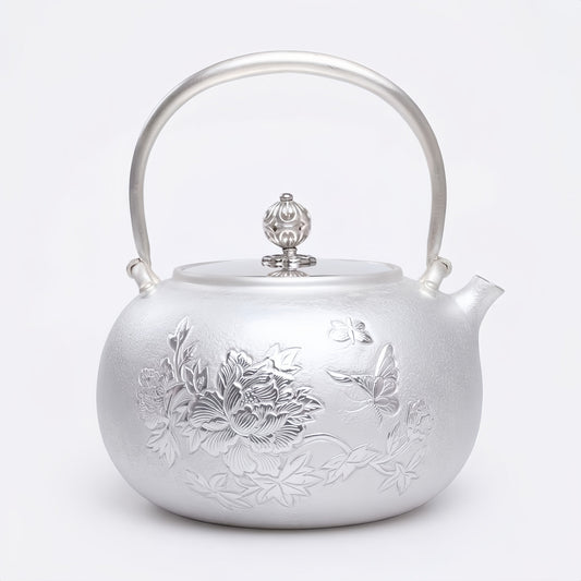 925 Sterling Silver Handcrafted Sterling Silver Tea Kettle Featuring Exquisite Peony and Butterfly Relief - Handicraft