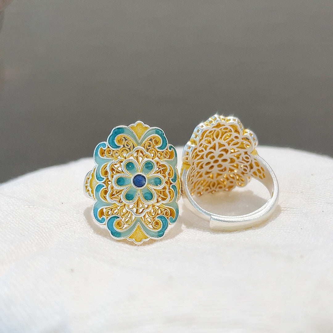 1pcs 999.9 Sterling Silver Gold-Plated Enamel Orchid Statement Ring, Luxury Retro Style, Ideal For Birthdays & Holiday Gifts