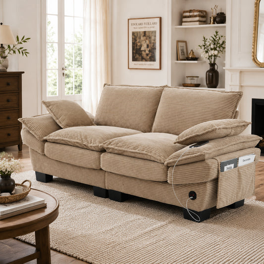 Modular Corduroy Sofa For 2 People With A Wide Seat, Ergonomic Design, High-density Foam Padding, USB-C Port And Side Pockets. Ideal For Living Room, Office Or Lounge.Khaki