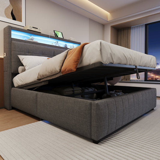 Upholstered Bed 160x200 Cm, With LED Lighting And USB Socket, Headboard With Shelves And Storage Space, With Hydraulic Storage With Storage Compartments, Double Adult Bed With Slatted Base, Linen Fabr