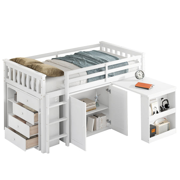 Twin Loft Bed With Storage Cabinet, Drawer And Shelf Cabinet And Pulling-Out Desk, Rubber Wood Loft Bed With Safety Guardrail, Ladder,White