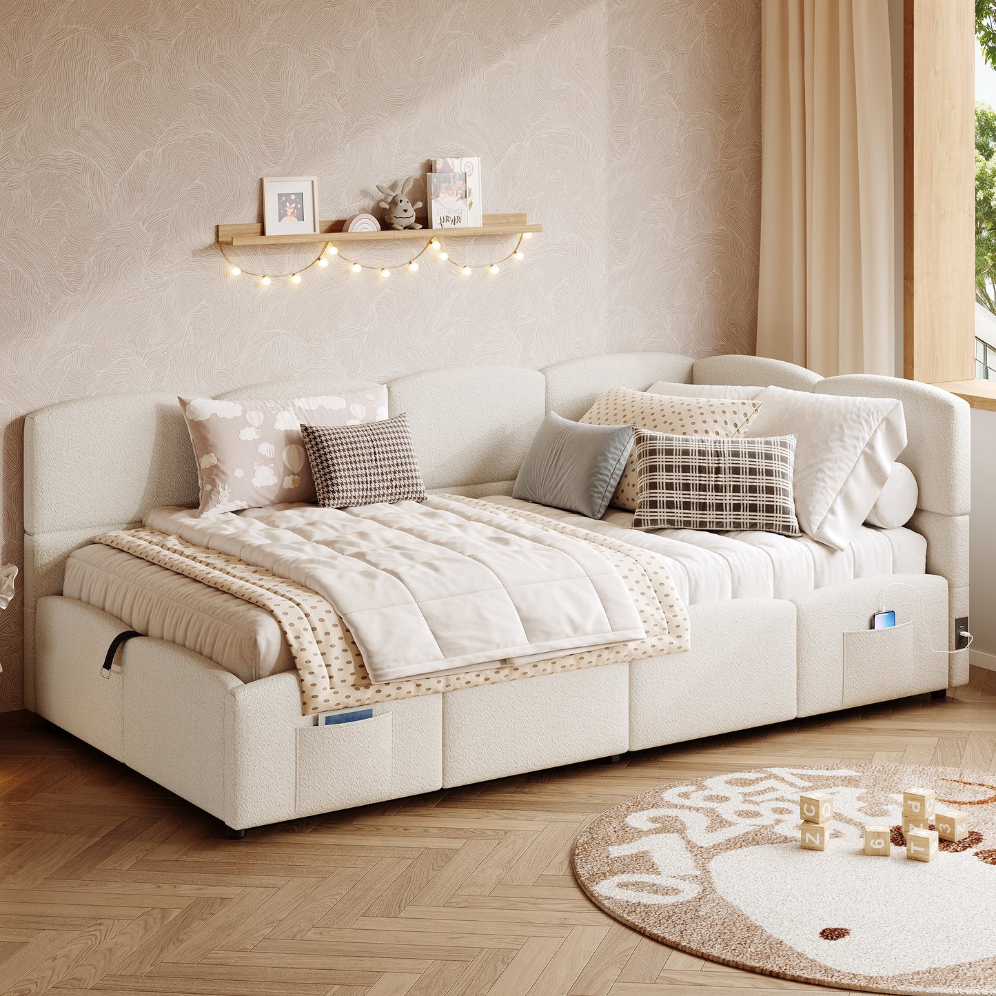 Upholstered Sofa Bed 90 X 190 Cm, 3-ft Single Daybed, Children's Bed, Single Sofa Bed With Slatted Frame, Hydraulic Storage, USB Charging, Boucle, Beige Without Mattress