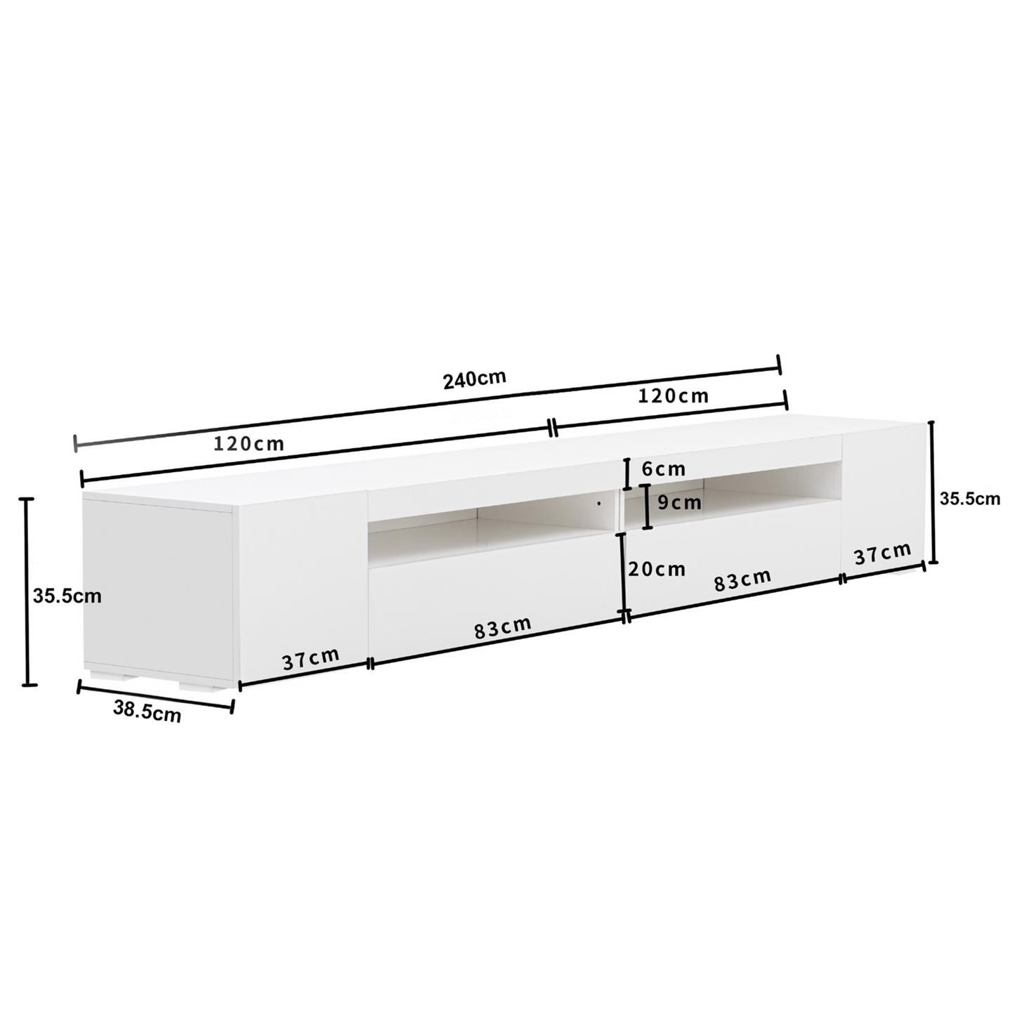 White Modern TV Cabinet, Bright Panel, Adjustable LED Lighting, Living And Dining Room 240cm Shiny Panel, Not High Gloss
