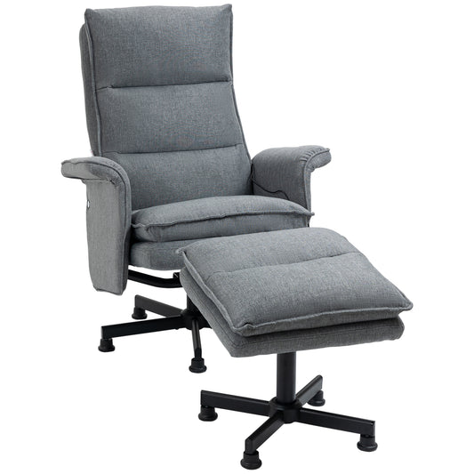 Swivel Recliner Chair And Footstool, Upholstered Massage Recliner Armchair With Remote Control, Timer And Steel Base, Grey