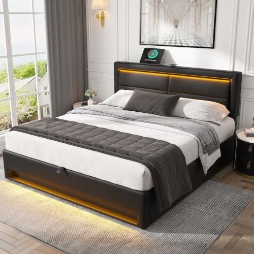 Upholstered Bed 135 X 190 Cm,Double Bed-4ft6,with USB Port  Supports Wireless And Wired Charging, With LED Lighting And Storage Space, Without Mattress, PU-Lychee Design, Black