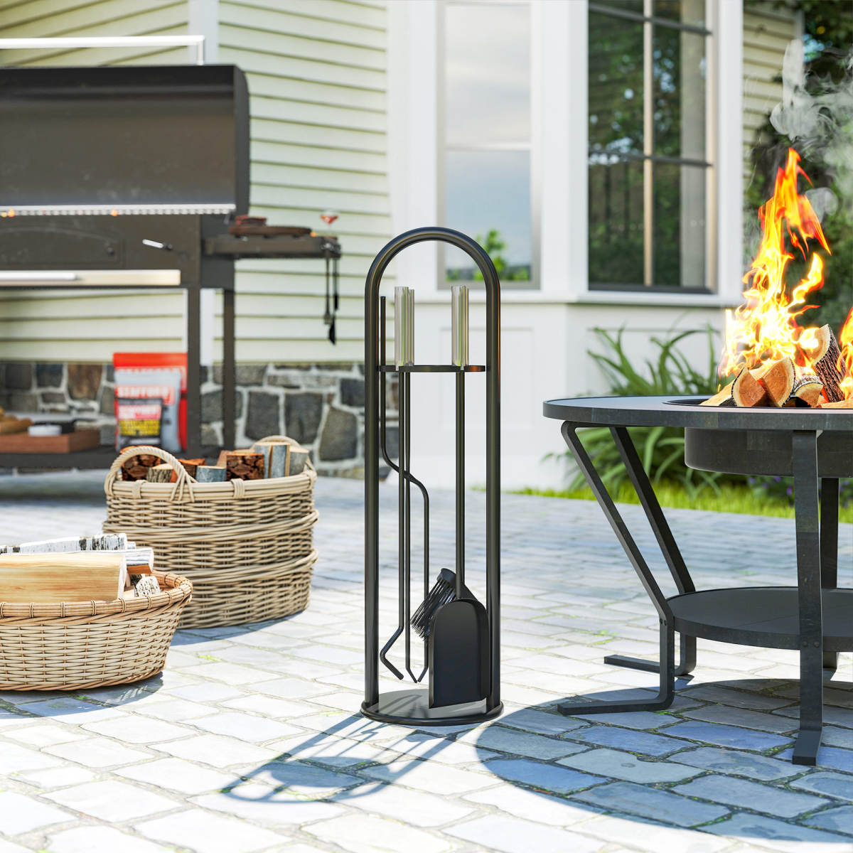 5 Pieces Fireplace Tools Set, Metal Fireplace Accessories Fireside Companion Set With Broom, Shovel, Poker And Bucket, Silver