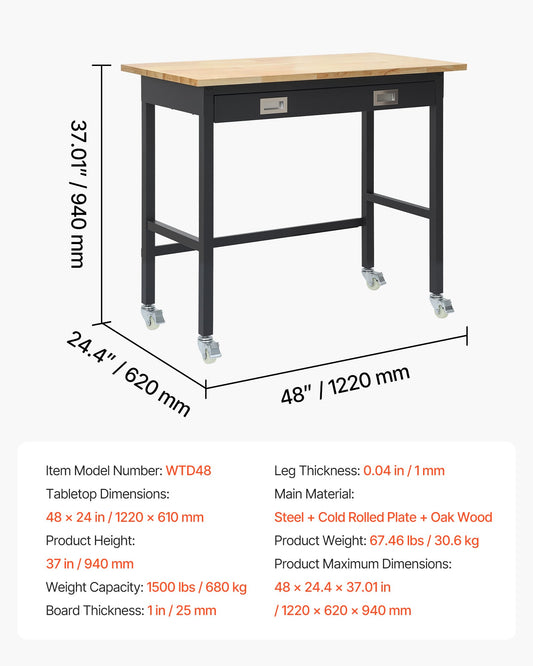 48-inch Workbench, 1500 Lbs Load Capacity, Garage Workbench With Drawer Storage & Wheels, Workshop Bench On Wheels, Heavy Duty Oak Wood Top Work Table For Garage, Workshop, Office, And Home