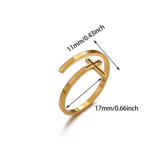 European American Retro Fashion Zircon Heart Flower Cross Open Ring 18K Gold Plated Stainless Steel Women Jewelry