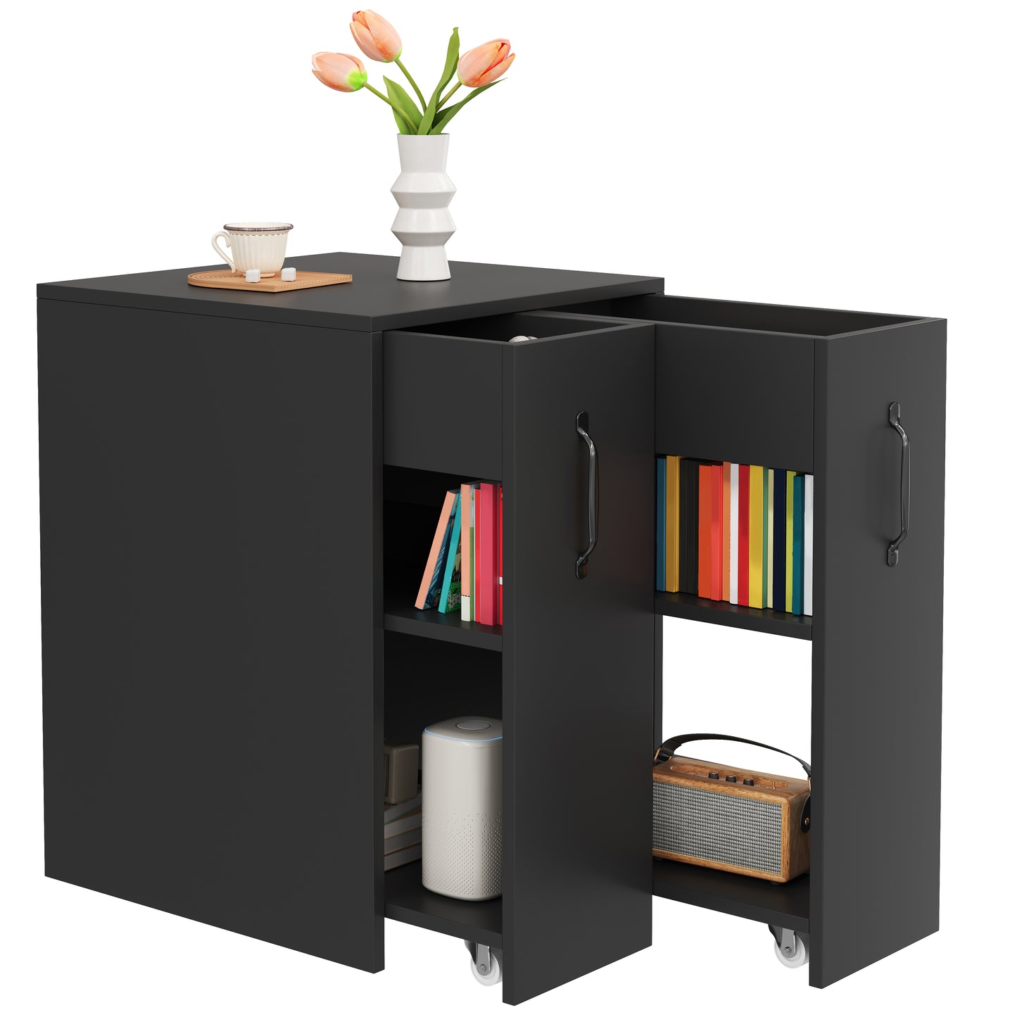 Bookcase With Wheels Mobile Sideboard With Pull-out Side Drawer, Large Wheels, Edge Protectors, Reversible Left Right Configuration Storage Furniture For The Desk, Bedside Table,bathroom