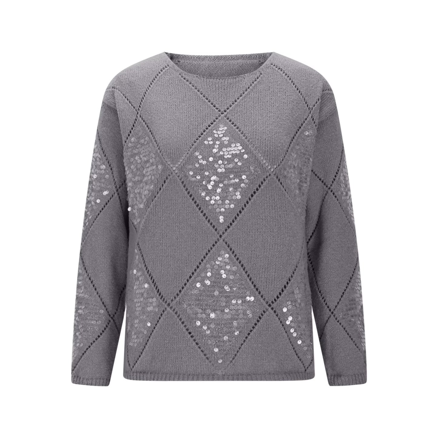 Hollow Sequin Knitted Sweater For Women's Autumn And Winter New Item, European And American Cross-border Diamond Grid Pullover Loose Sweater