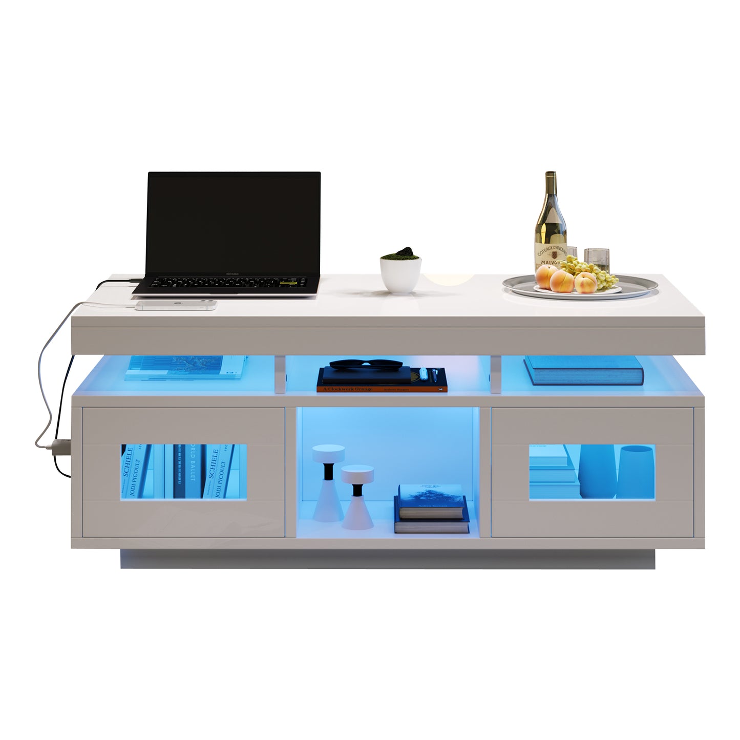 High-gloss White Coffee Table With App-controlled LED Lights, Living Room Table With Storage Cabinet, Sofa Table With Charging Port And Power Outlet Suitable For Offices And Studies.