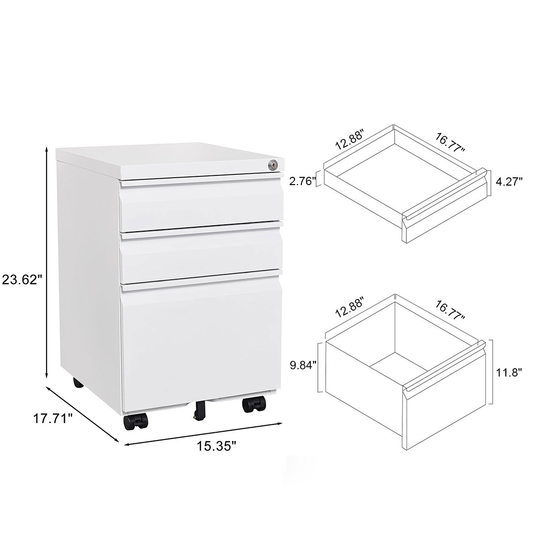 Installation Required 3 Drawer Mobile Filing Cabinet With Lock, Legal Letter Sized Office Storage Filing Cabinet, Metal Filing Cabinet White,suitable For Offices And Study Rooms