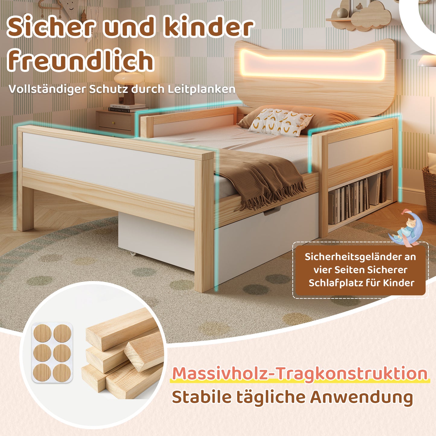 Children's Bed 90x190 Cm With Cat Ears, Headboard & RGB LED Lighting, Slatted Frame, Flexible Drawer & Storage Compartment Can Be Mounted Left Right, Child-proof Safety Gate, In White And Oak, Without