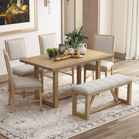 TREXM 6-Piece Retro Dining Table Set For 6  60 Wood Kitchen Table And Chairs Set Of 4 With Bench Designed Trestle Base For Kitchen & Dining Room  Natural