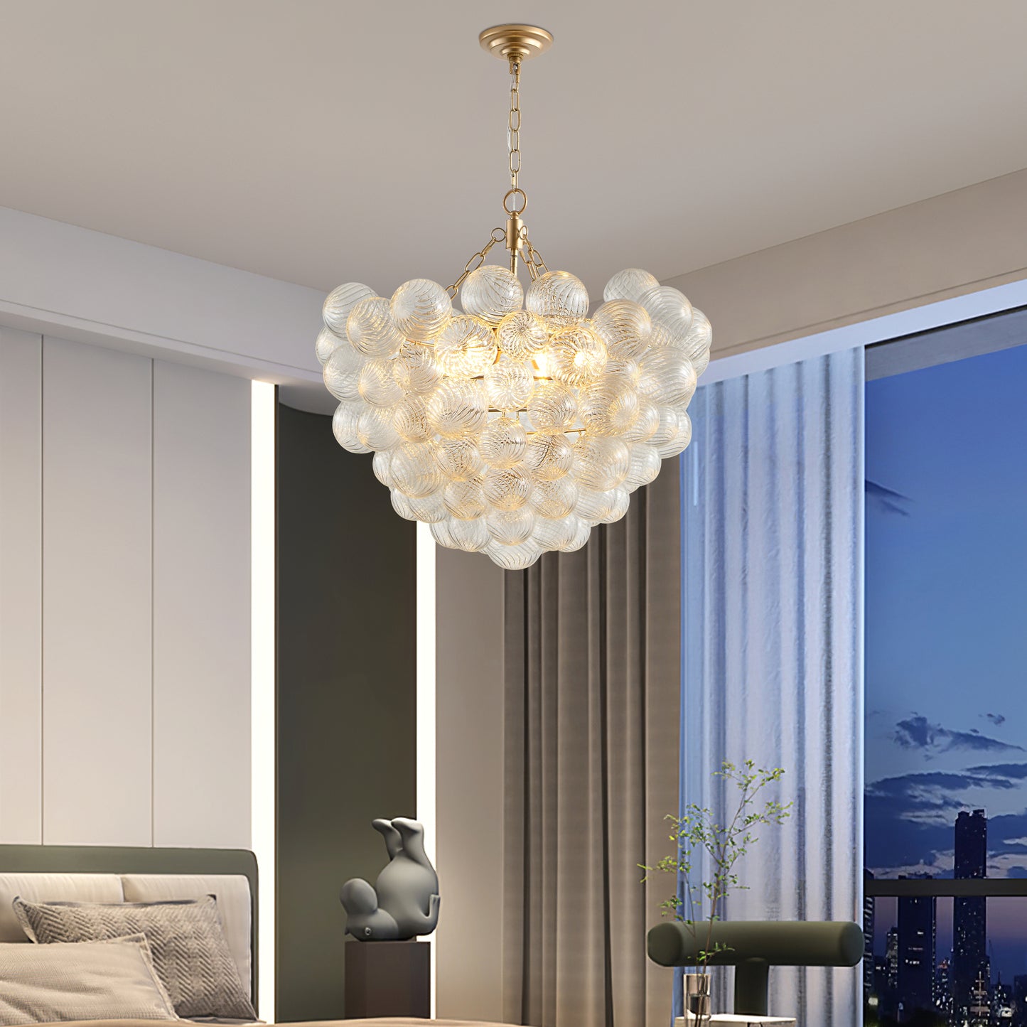 23.6-Inch Gold Pendant Light Chandelier With Threaded Clear Glass Globe Shade - Adjustable Height, Ideal For Living Room, Dining Room, Kitchen  No Bulbs