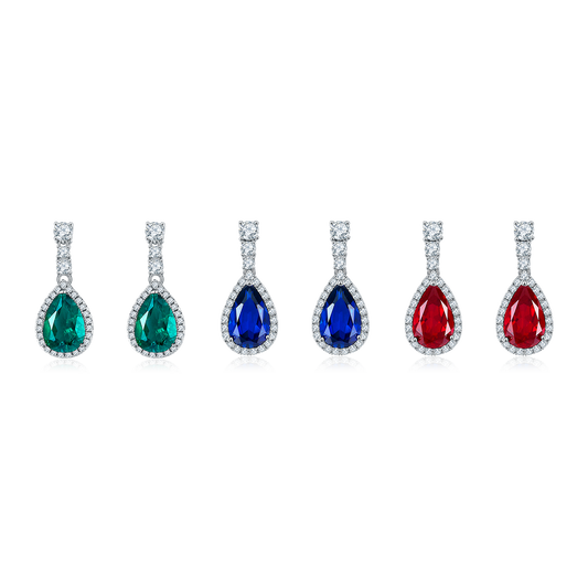 S925 Sterling Silver Teardrop Dangle Earrings, 7x11mm Lab-Grown Ruby Sapphire Emerald With Halo, Platinum Plated 3.2g Women's Jewelry Gift Box