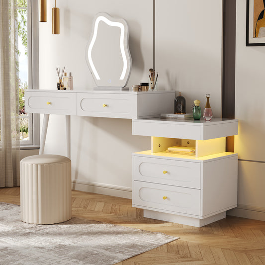 Dressing Table With LED Mirror And Lighting - White Dressing Table Set For Bedroom With 4 Spacious Drawers And 1 Open Storage Compartment - White, Dimensions W140 D40 H130 Cm Without Stool