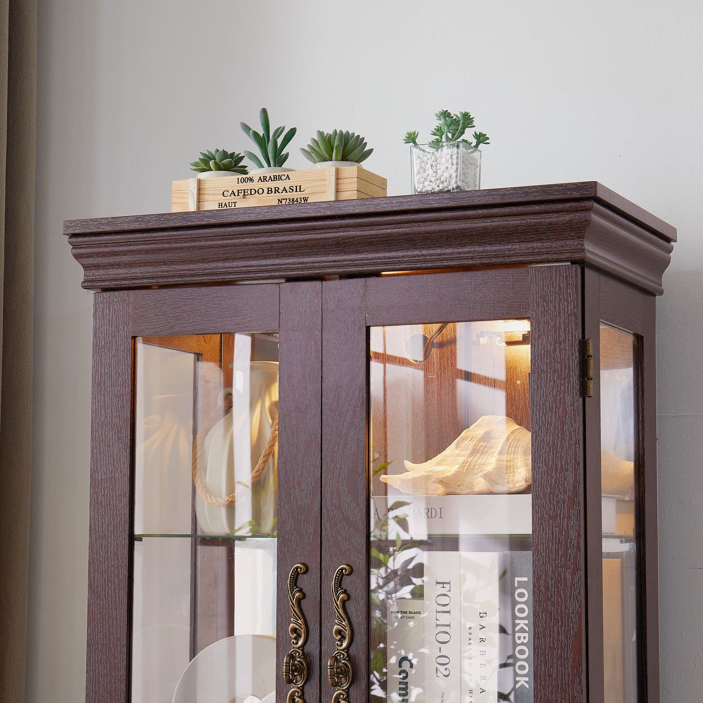 Lighted Glass Curio Display Cabinet,Display Cabinet,Glass Storage Cabinet Glass Wine Cabinet Wood Frame Toy Display For Living Room, Kitchen, Pantry Light Bulb Included Dark Cherry