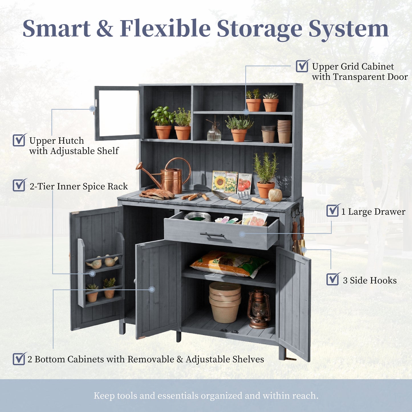 With Assembly Video  TOPAMx Potting Bench With Hutch  65  H Solid Fir Wood Garden Workstation  Large Countertop  Patio Kitchen Island With Adjustable Shelves  Spice Rack  Side Hook And Drawer  Gray