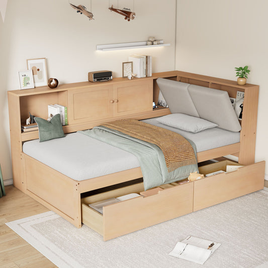 Wooden Twin Size L-shaped Daybed Corner Bed Under-bed Drawers  With Storage Bookcase And Upholstered Headboard And USB Charging Ports For Limited Space,Natural
