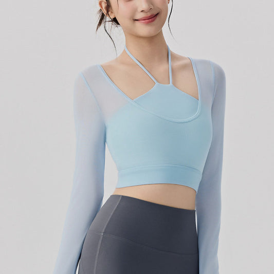 Fake Two-Piece Mesh Long-Sleeve Yoga Top With Built-In Sports Bra