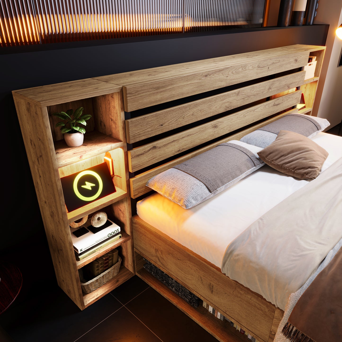 Double Bed Solid Wood Bed 160x200, Storage Bed Bed System With LED Lighting And USB C Storage Headboard And Drawers, Bed Frame Slatted Wood Frame, Oak Without Mattress