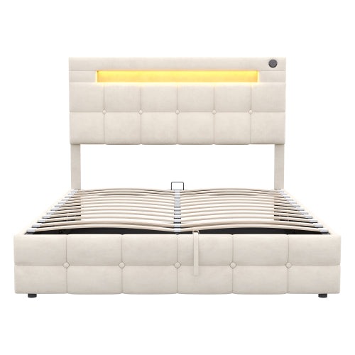 4ft6 Double Upholstered Bed Frame With Hydraulic Storage, Velvet Ottoman Bed With LED Lighting And Charging Station, Double Bed With Adjustable Button Tufted Headboard, Beige