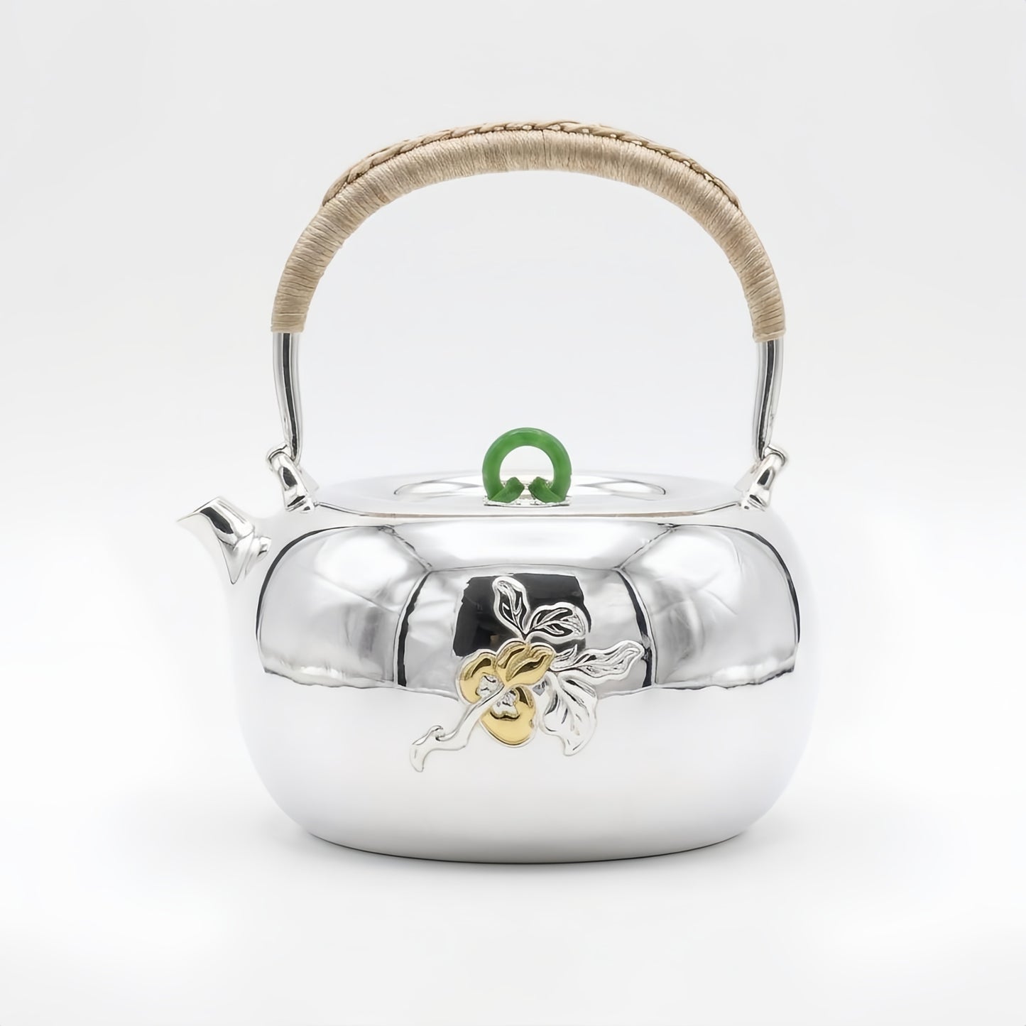 Pure 999 Fine Silver Handcrafted Silver Tea Kettle with Jade Finial and Exquisite Gilded Floral Ornamentation - Handicraft