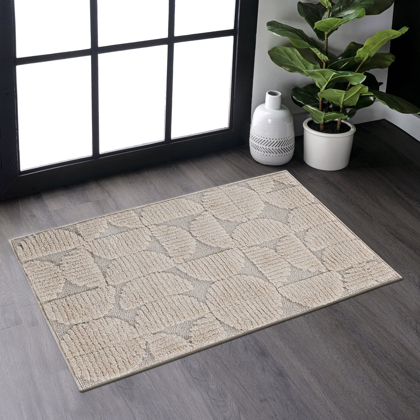 Step Collection High-Low Beige Indoor Area Rug, 2'x3', Modern, Contemporary, Geometric, Bohemian, Bedroom, Kitchen, Living Room, Doormat, Non Shedding Carpet