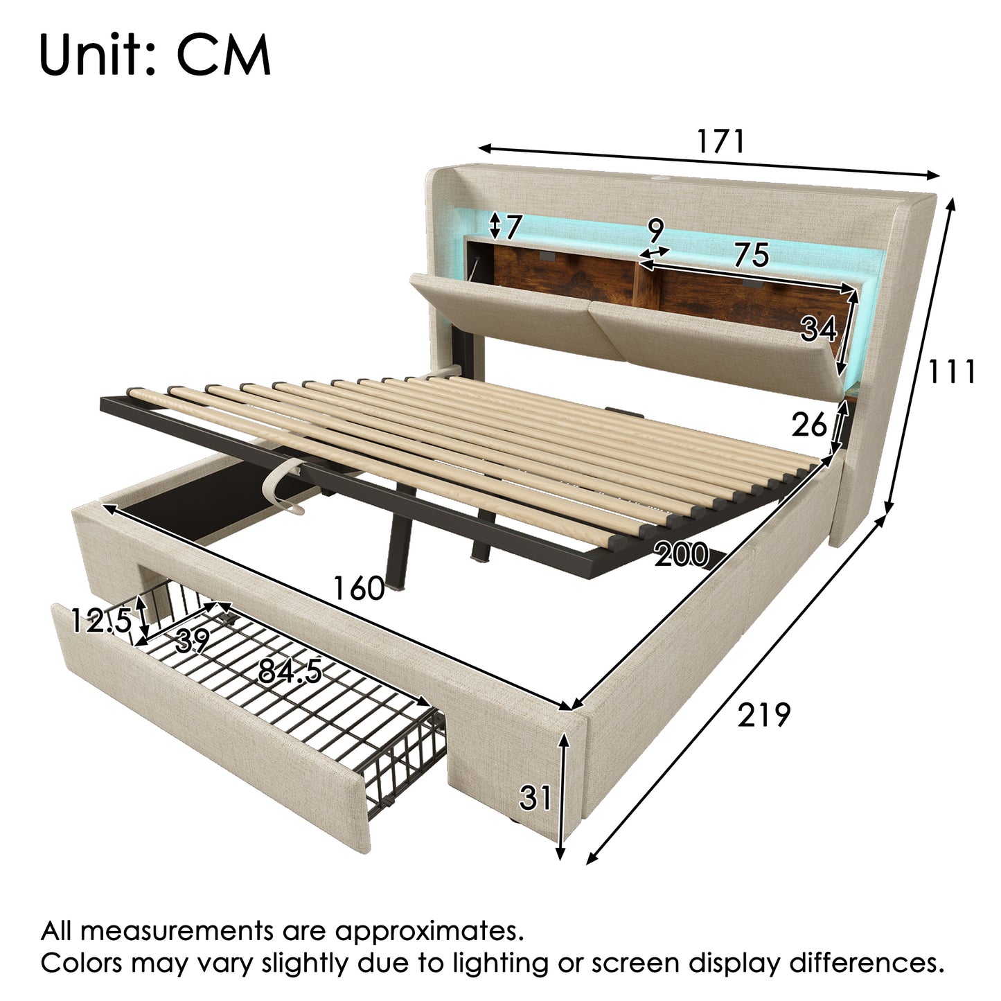 Upholstered Bed 160x200 Cm With Hydraulic Storage And Headboard With Storage Compartment, LED Lighting And USB & USB-C Port, Wooden Slatted Bed Frame, Beige, Linen, Without Mattress