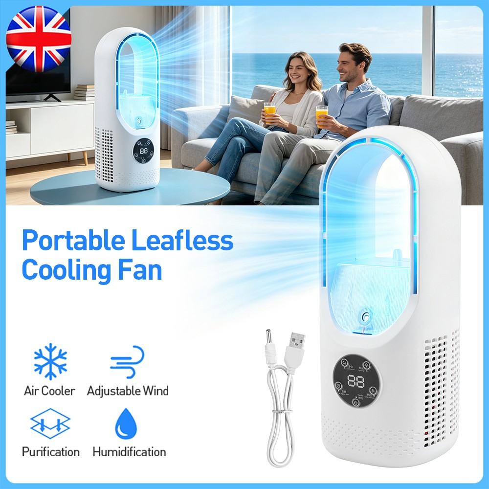 Portable Bladeless Air Cooler Fan   6 Speed Silent Desk Fan With Humidifier, Timer & Colourful Lights, USB Mini Air Conditioner
