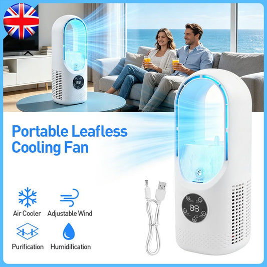 Portable Bladeless Air Cooler Fan   6 Speed Silent Desk Fan With Humidifier, Timer & Colourful Lights, USB Mini Air Conditioner