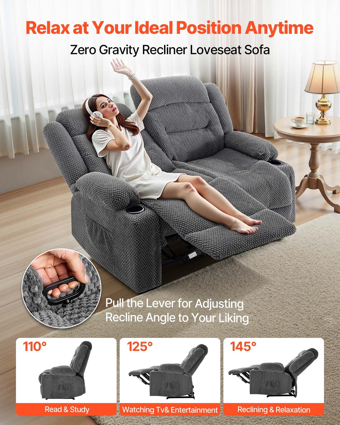 Loveseat Recliner Sofa, Manual Reclining Couch With Heating And Massage, Soft Corduroy Recliner Sofa With USB Ports, Cup Holders And Side Storage Bags, Dual Loveseat Chair For Living Room, Grey