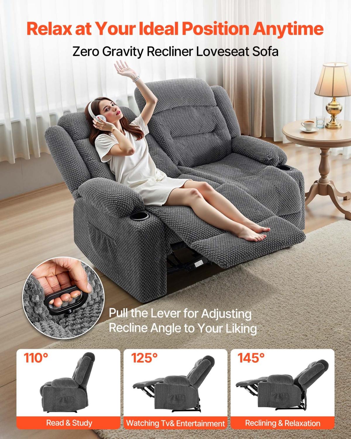 Loveseat Recliner Sofa, Manual Reclining Couch With Heating And Massage, Soft Corduroy Recliner Sofa With USB Ports, Cup Holders And Side Storage Bags, Dual Loveseat Chair For Living Room, Grey